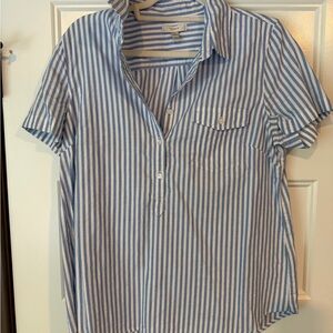 J. Crew Blue and White Short-Sleeve Striped Popover Button-Down Shirt